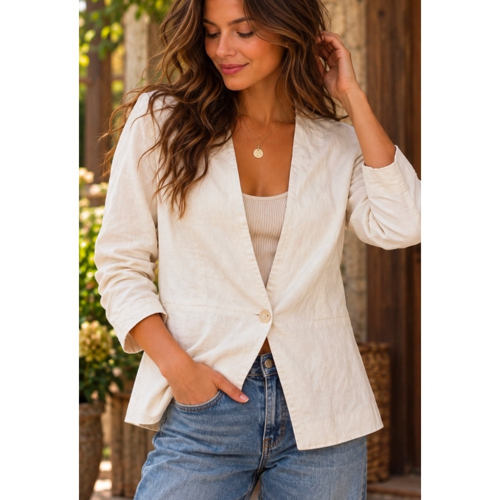 Banana Republic 100% Linen Blazer Womens White Ivory size 8 preppy coastal